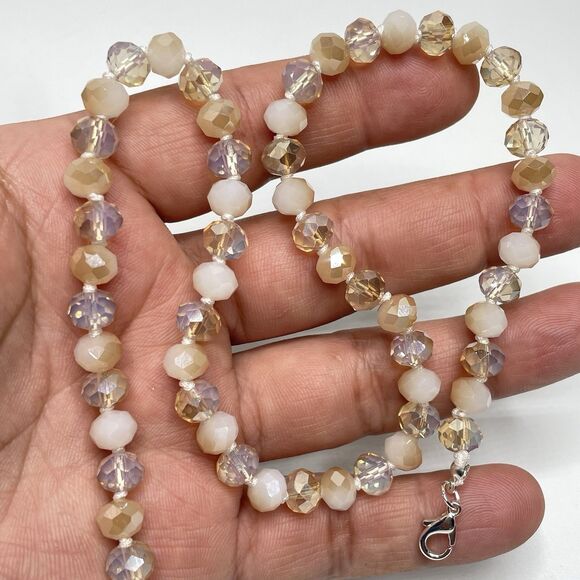 Stunning Cream Beige Glass Rondel Beaded Knotted Necklace Boho Fashion Statement - Picture 6 of 7